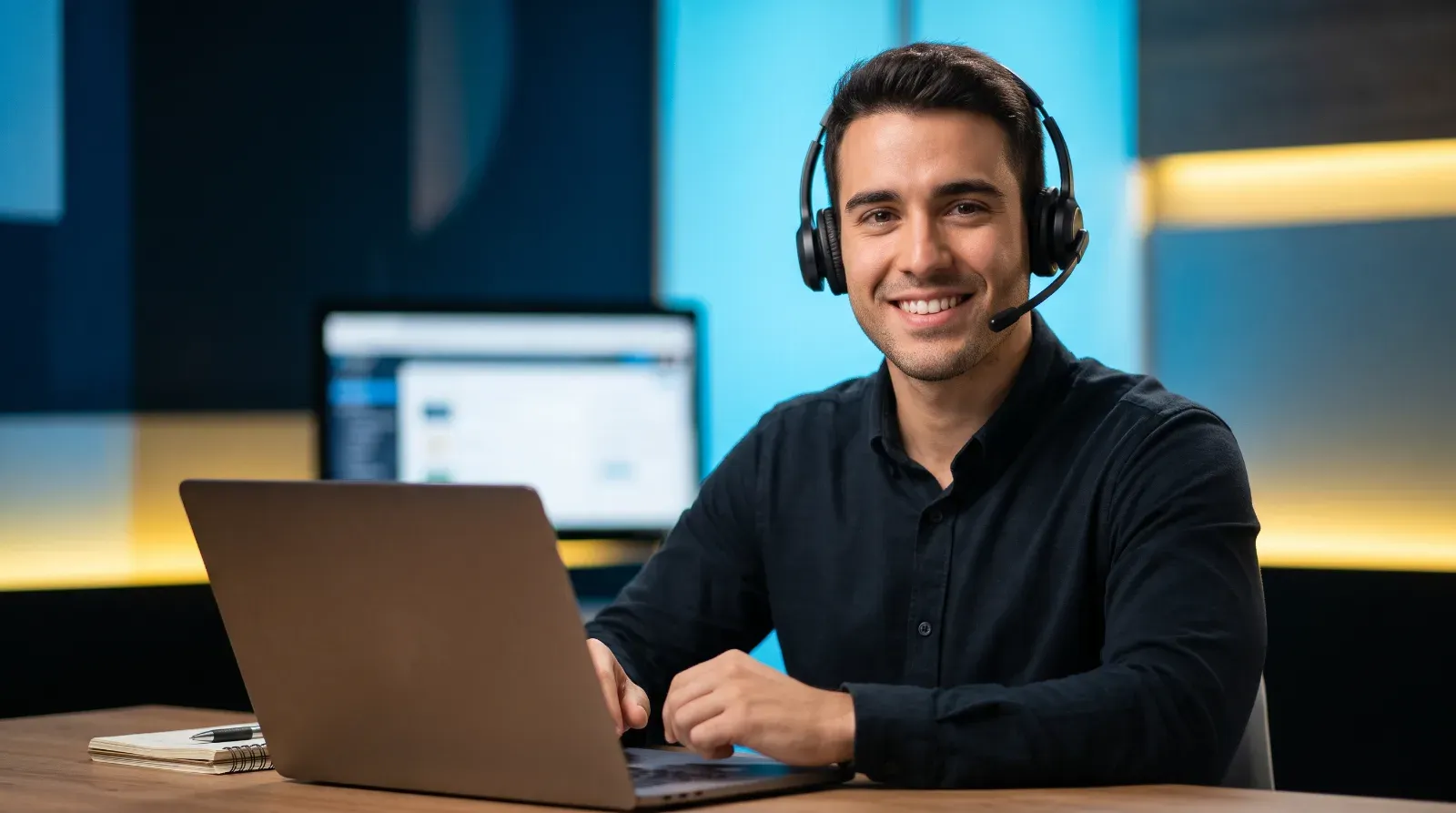 Joven con auriculares y micrófono frente a un ordenador portátil preparando el examen oficial APTIS ESOL con Blue Parrot School