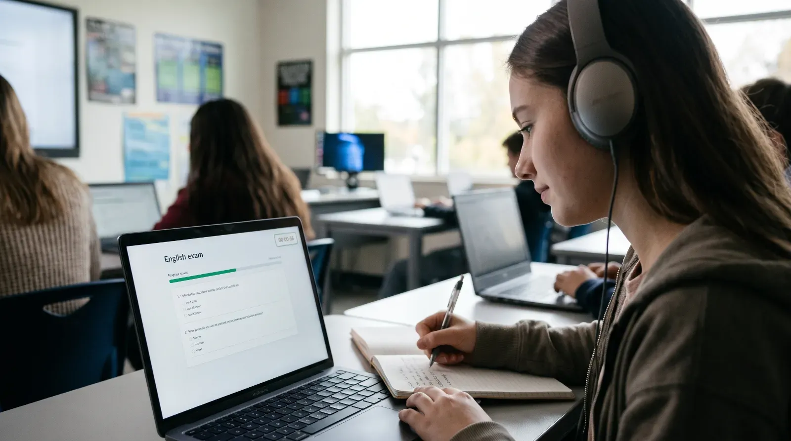 Alumna realizando una prueba de inglés APTIS por ordenador con auriculares y tomando notas en un aula moderna