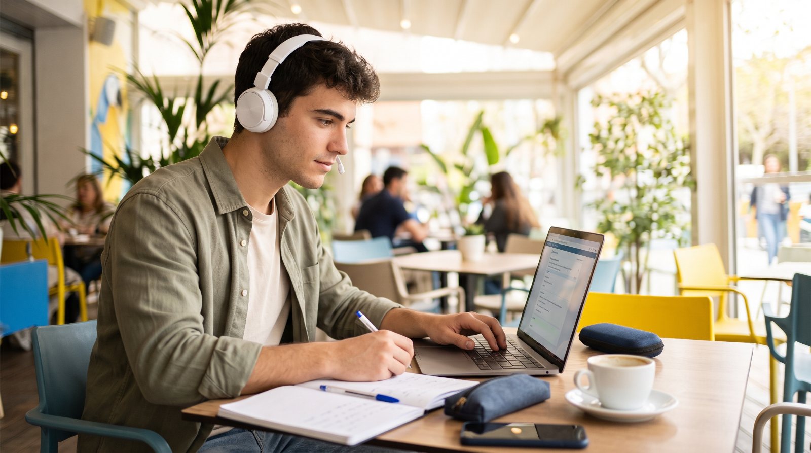Joven estudiante practicando un examen de inglés por ordenador con auriculares en una cafetería luminosa